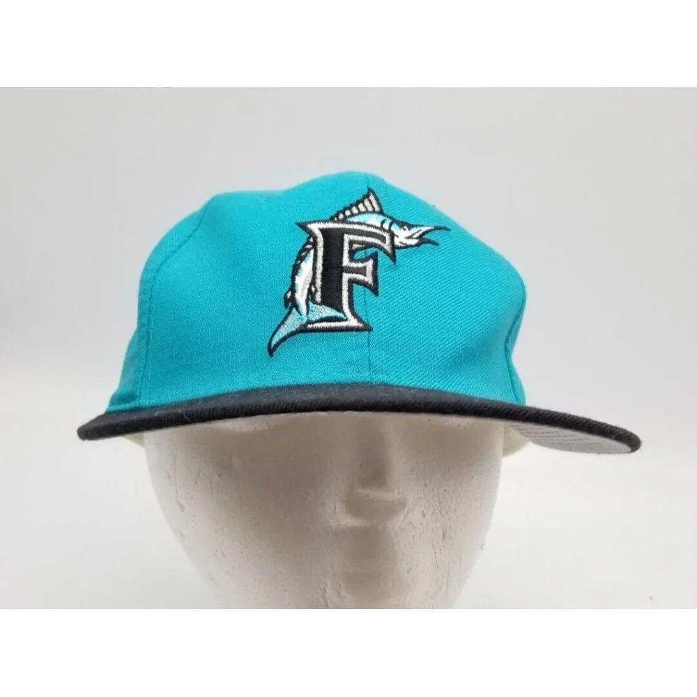Vintage New Era Florida Marlins Mens Fitted Hat Size 6 7/8 Teal Black Wool 5950 - Picture 2 of 7